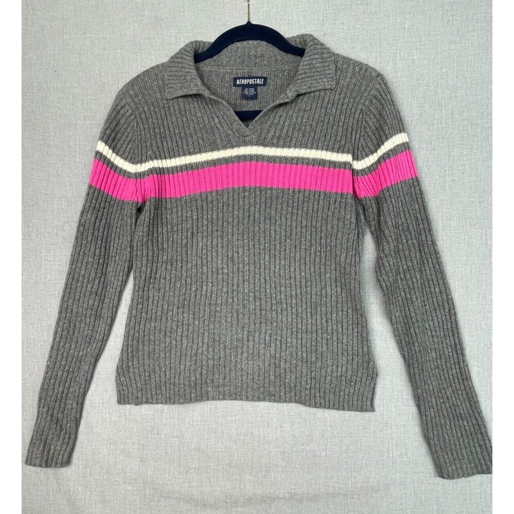 Aeropostale Women's Gray Ribbed Knit Sweater Collared Long Sleeve Striped Large